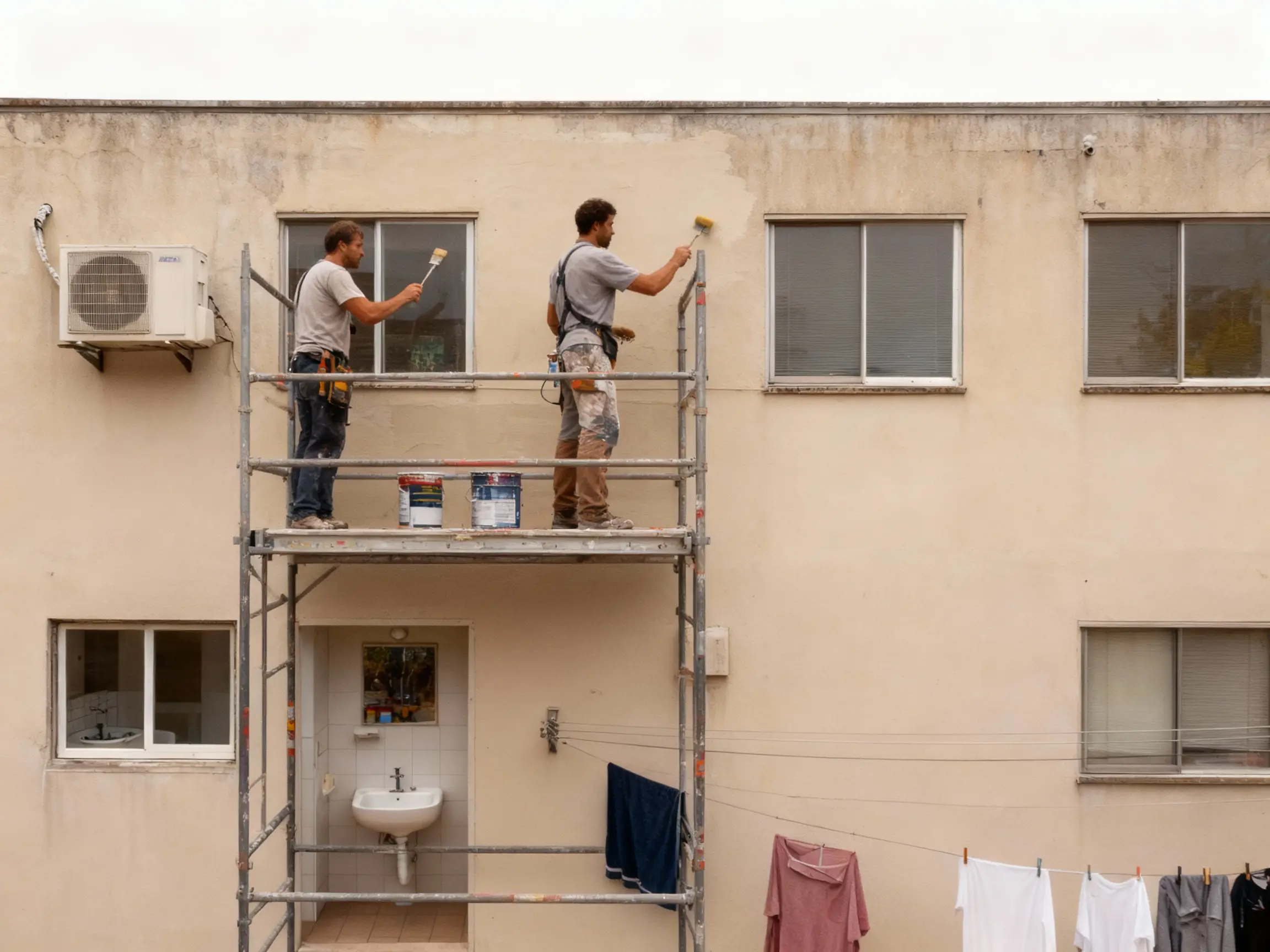 Pintores profesionales preparando superficies en edificio de vecinos Cádiz