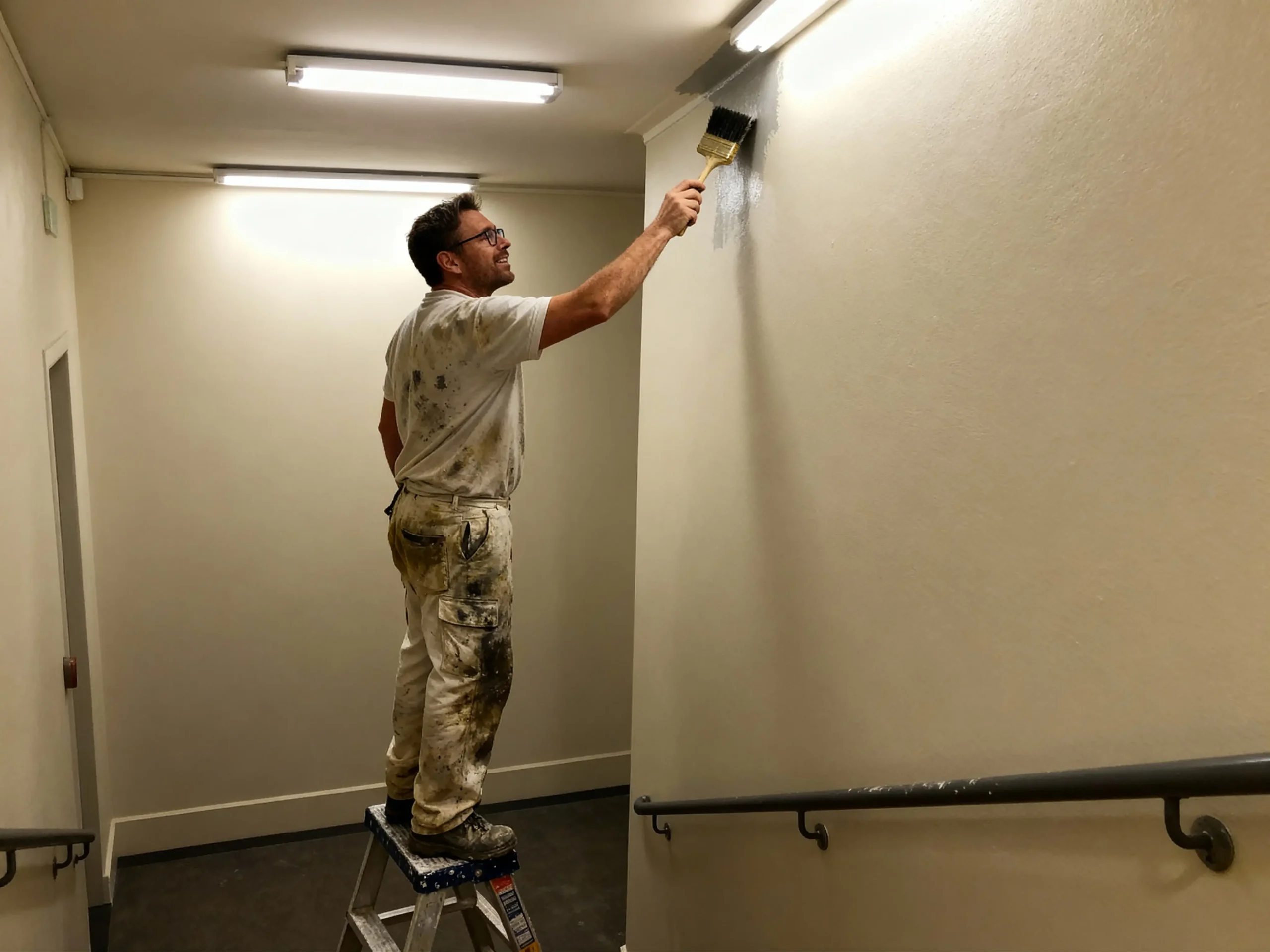 Equipo de pintores aplicando pintura plástica en portal de Cádiz